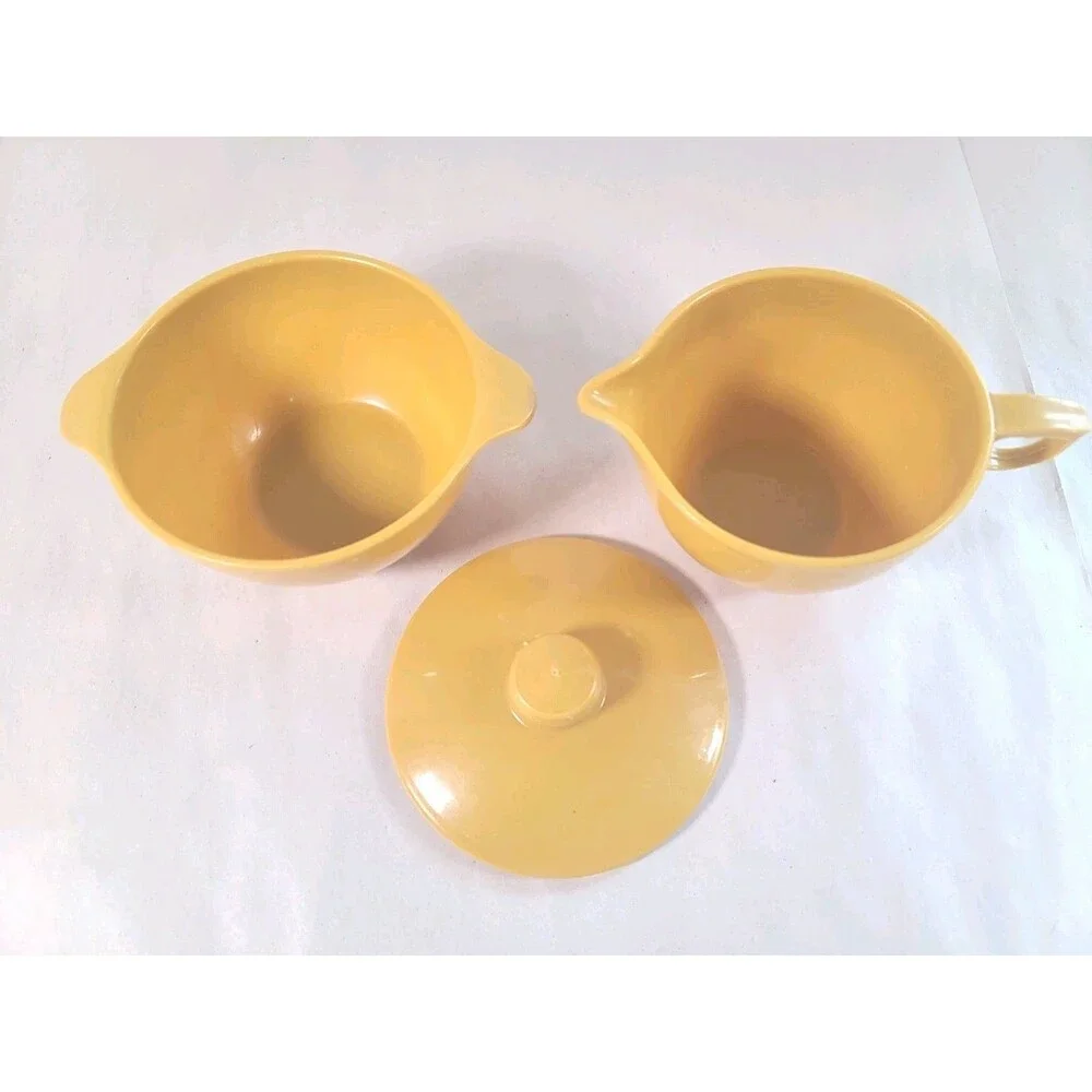3 Piece Vintage Lustroware Mustard Yellow Sugar Bowl and Creamer w/ Lid